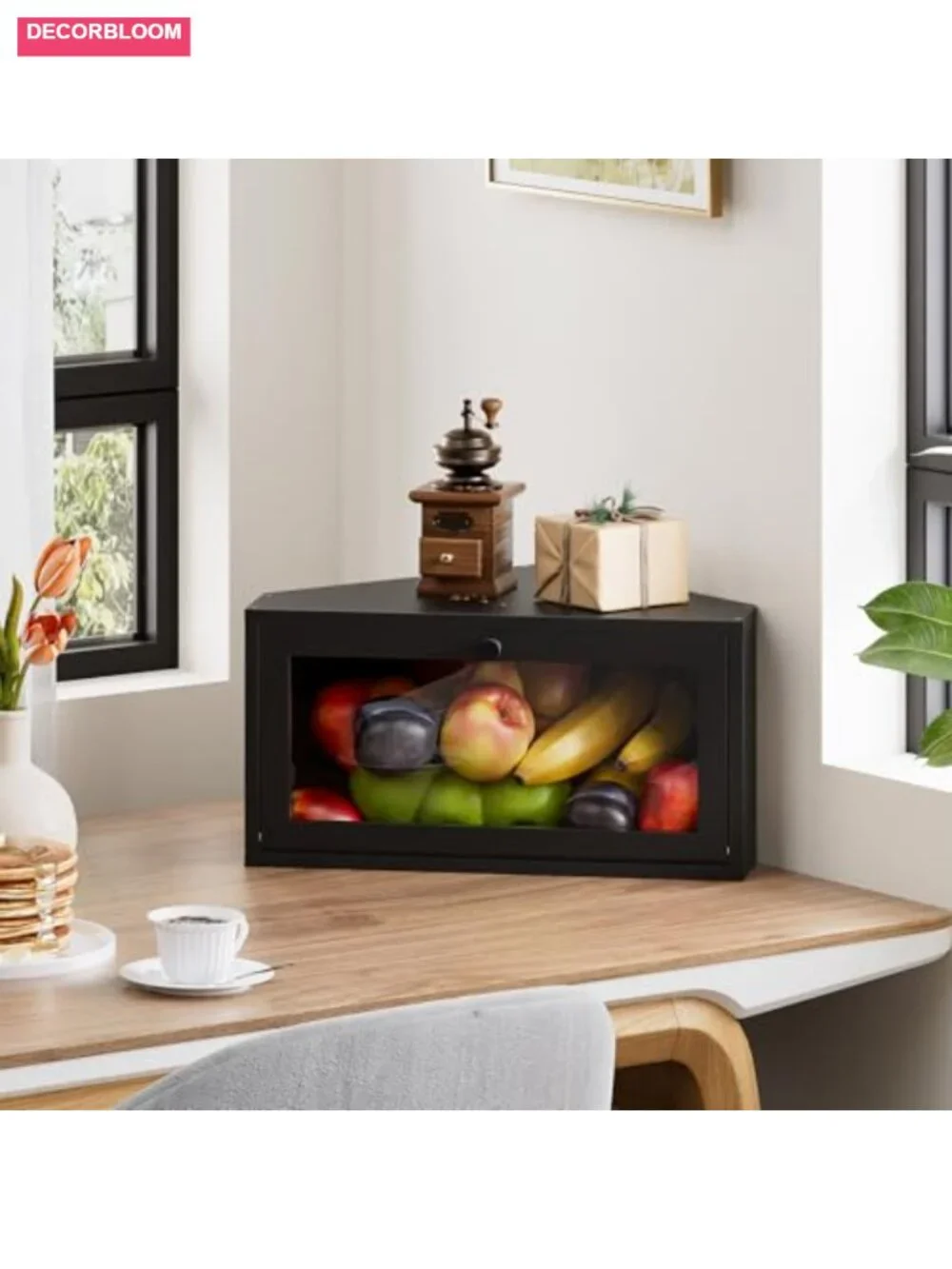 Corner Bamboo Bread Box Kitchen Countertop Storage Airtight Magnetic